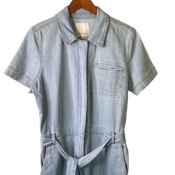 Ella Moss Belted Denim Short Sleeve Cropped Wide Leg Jumpsuit Relaxed Fit - Picture 5 of 16